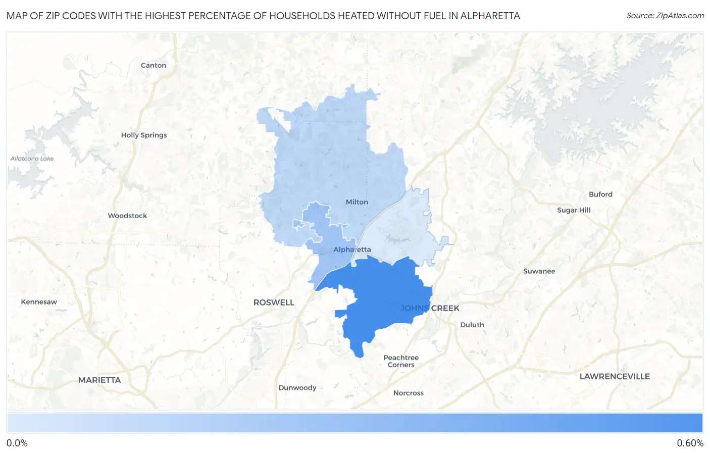 Zip Codes with the Highest Percentage of Households Heated without Fuel in Alpharetta Map