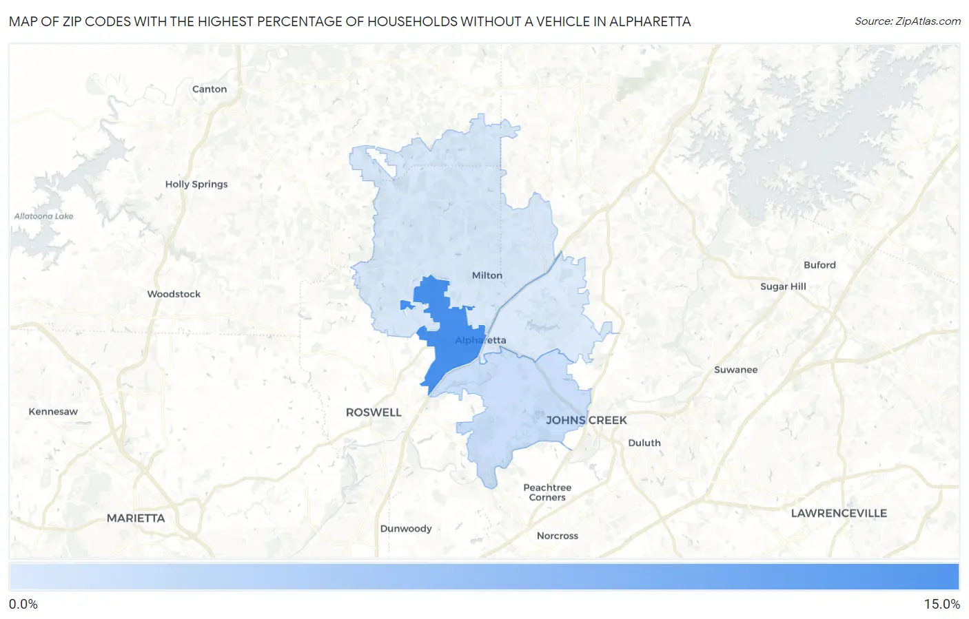 Zip Codes with the Highest Percentage of Households Without a Vehicle in Alpharetta Map