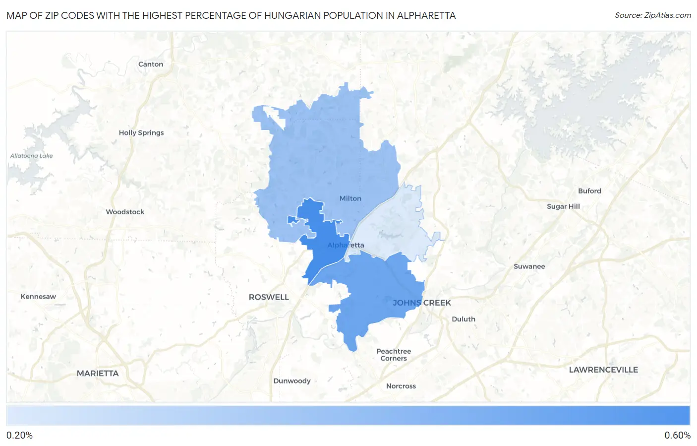 Zip Codes with the Highest Percentage of Hungarian Population in Alpharetta Map