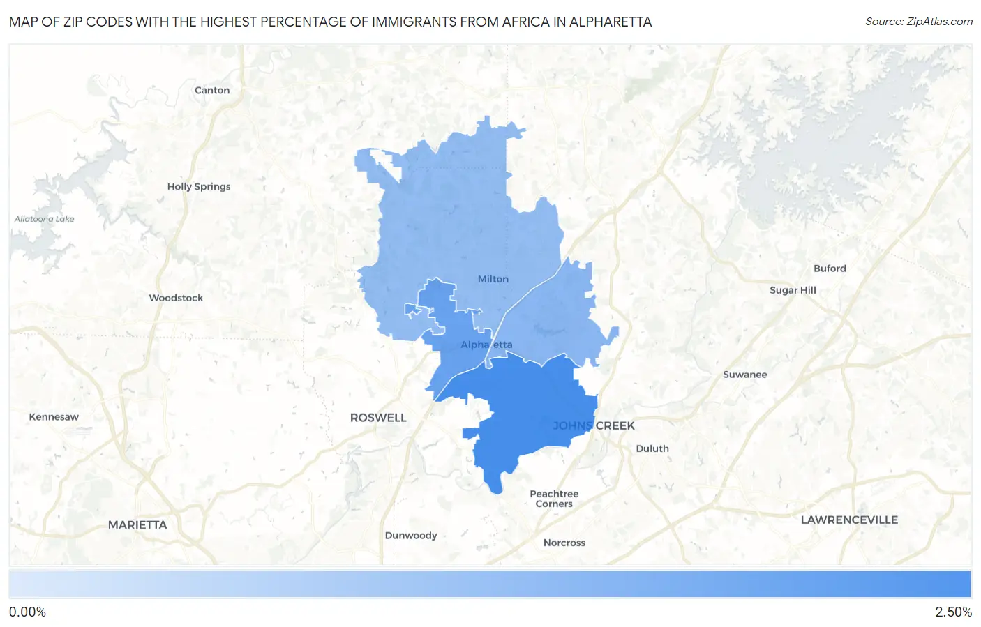 Zip Codes with the Highest Percentage of Immigrants from Africa in Alpharetta Map