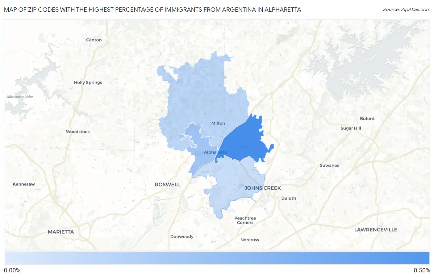 Zip Codes with the Highest Percentage of Immigrants from Argentina in Alpharetta Map