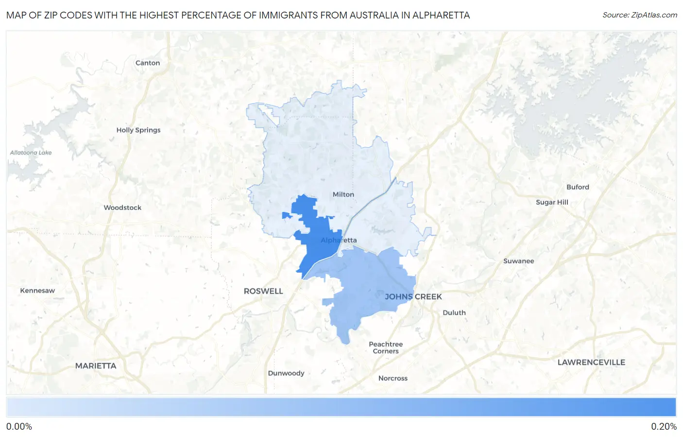 Zip Codes with the Highest Percentage of Immigrants from Australia in Alpharetta Map