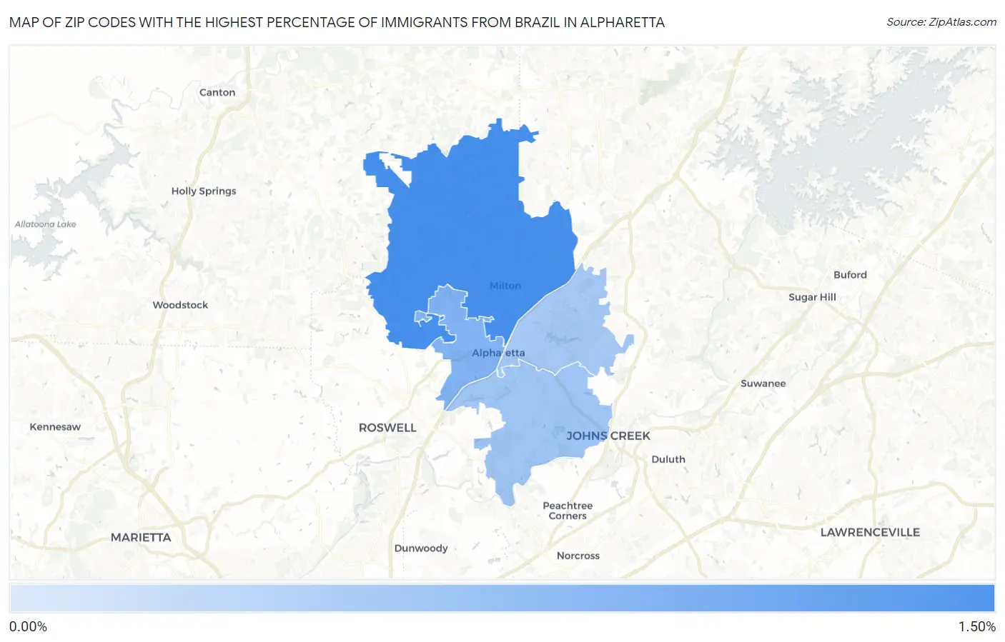 Zip Codes with the Highest Percentage of Immigrants from Brazil in Alpharetta Map