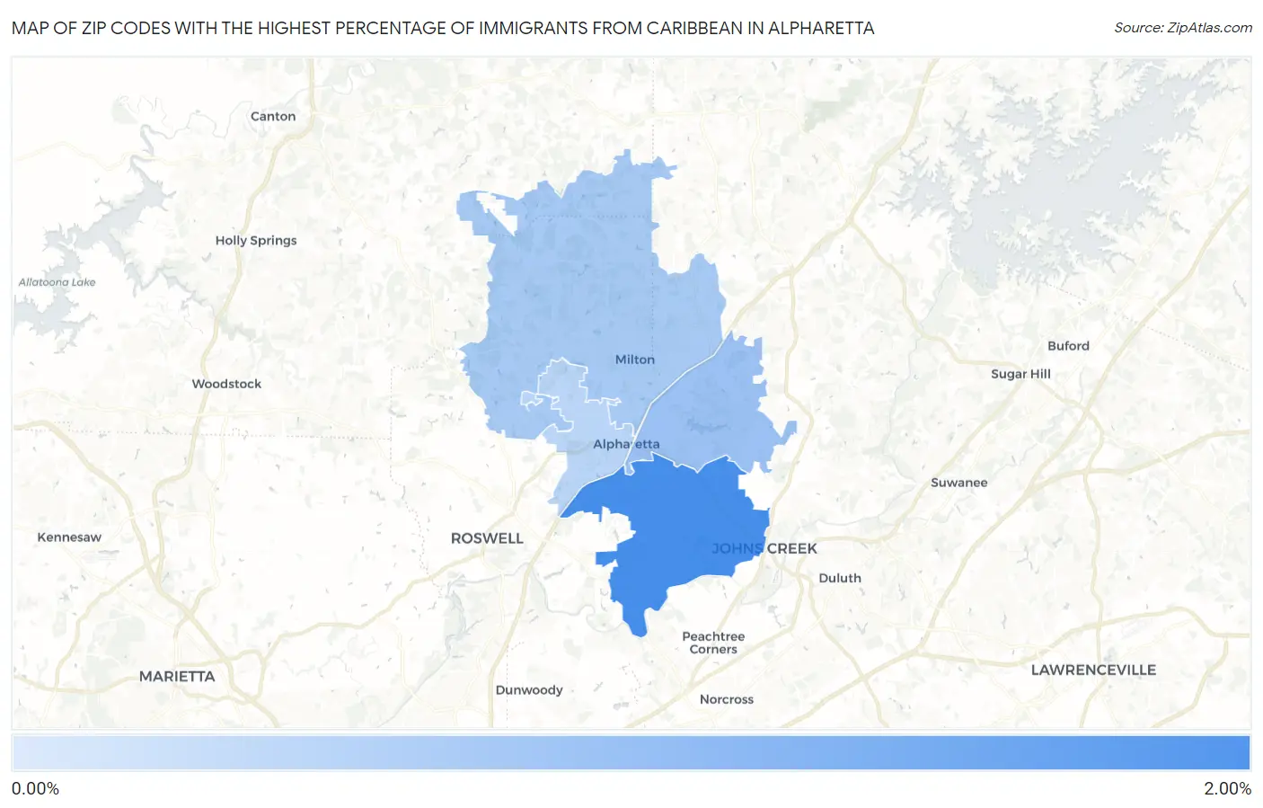 Zip Codes with the Highest Percentage of Immigrants from Caribbean in Alpharetta Map