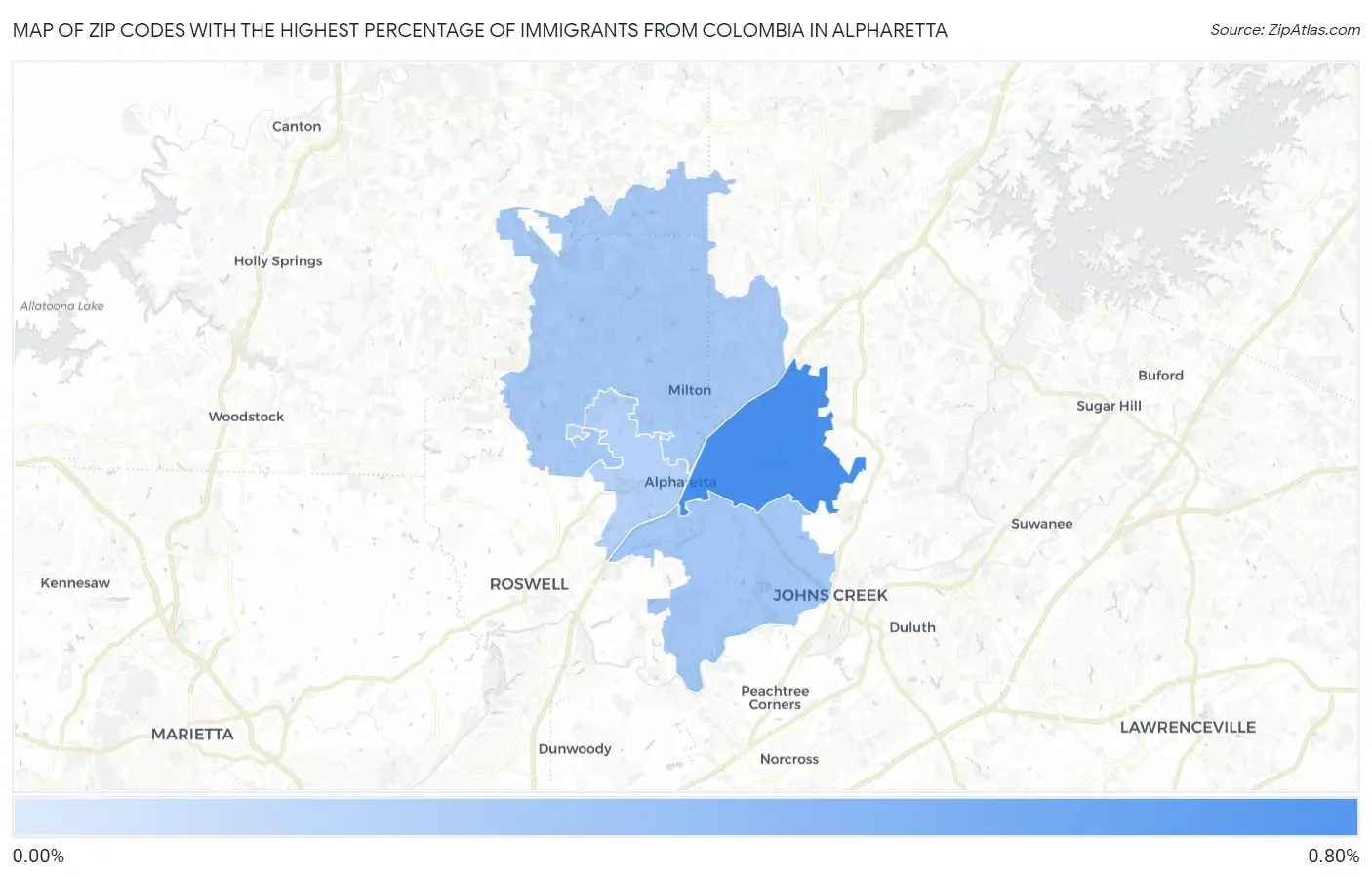Zip Codes with the Highest Percentage of Immigrants from Colombia in Alpharetta Map