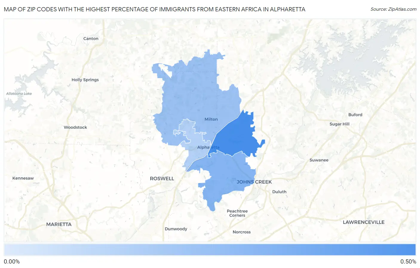 Zip Codes with the Highest Percentage of Immigrants from Eastern Africa in Alpharetta Map