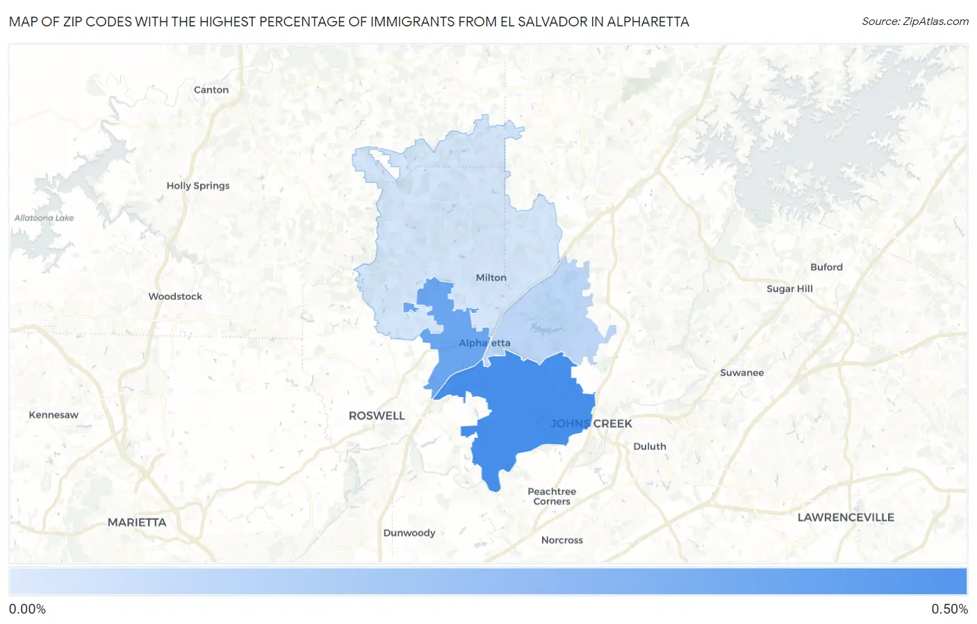 Zip Codes with the Highest Percentage of Immigrants from El Salvador in Alpharetta Map