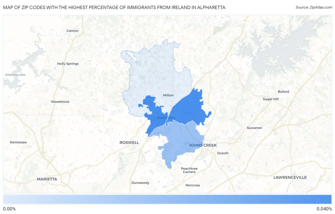 Zip Codes with the Highest Percentage of Immigrants from Ireland in Alpharetta Map