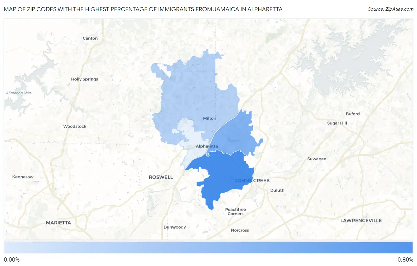 Zip Codes with the Highest Percentage of Immigrants from Jamaica in Alpharetta Map