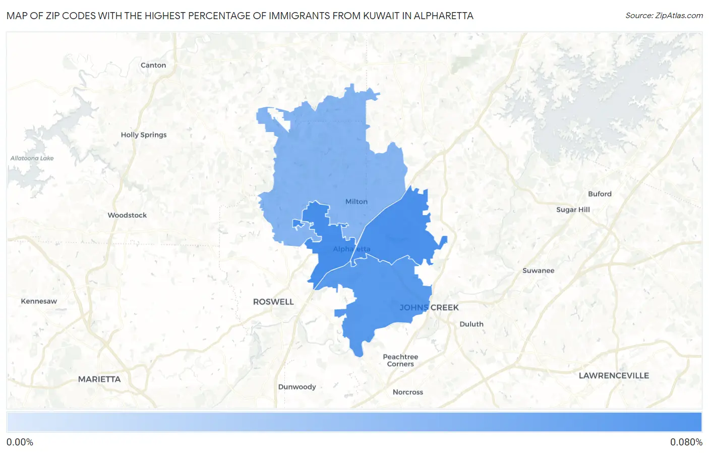 Zip Codes with the Highest Percentage of Immigrants from Kuwait in Alpharetta Map