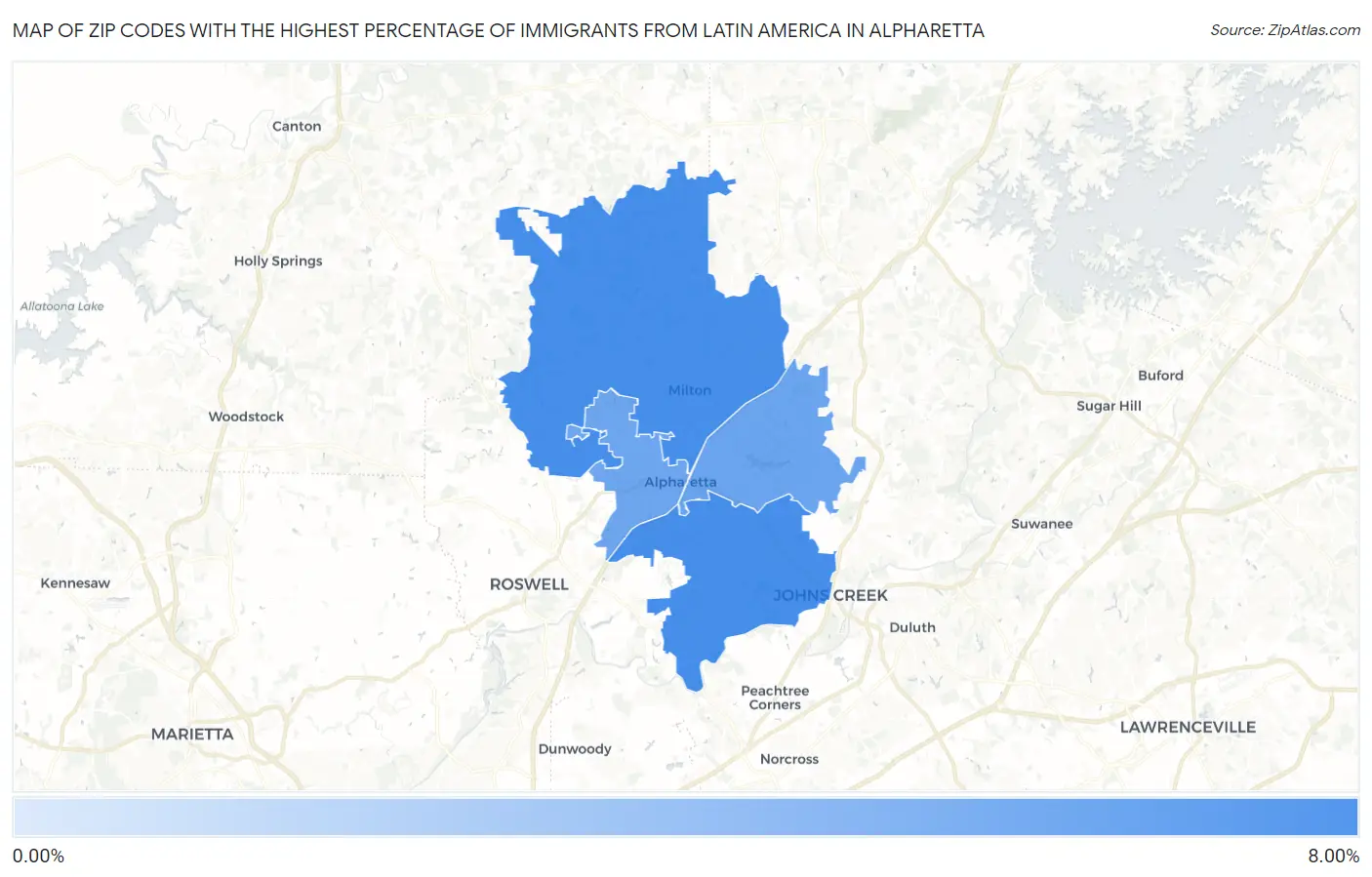 Zip Codes with the Highest Percentage of Immigrants from Latin America in Alpharetta Map