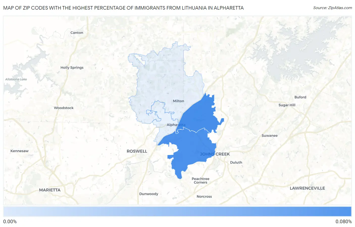 Zip Codes with the Highest Percentage of Immigrants from Lithuania in Alpharetta Map
