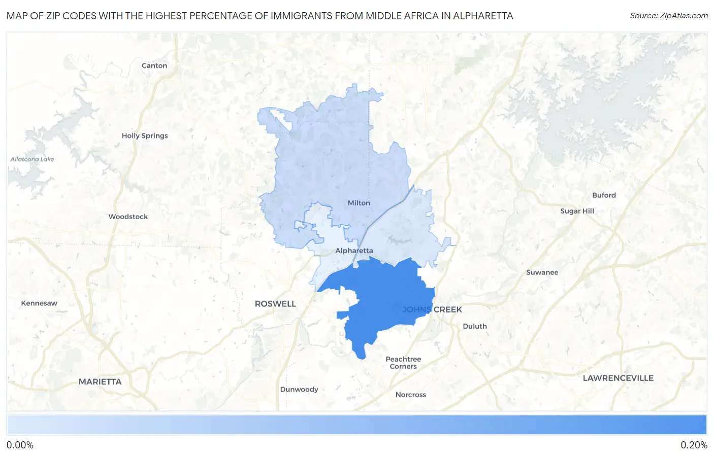 Zip Codes with the Highest Percentage of Immigrants from Middle Africa in Alpharetta Map