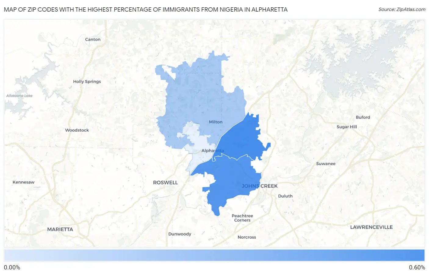 Zip Codes with the Highest Percentage of Immigrants from Nigeria in Alpharetta Map