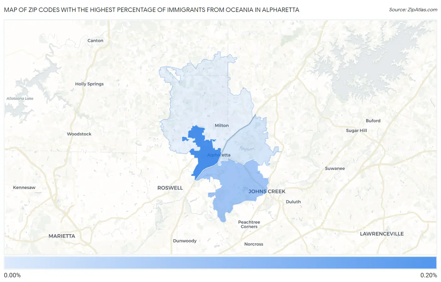 Zip Codes with the Highest Percentage of Immigrants from Oceania in Alpharetta Map