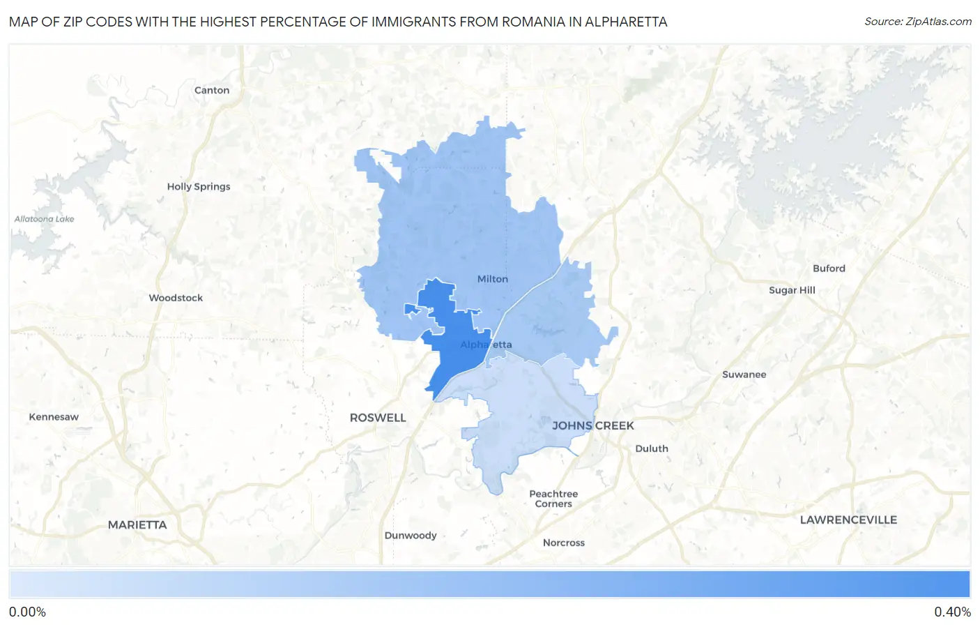Zip Codes with the Highest Percentage of Immigrants from Romania in Alpharetta Map