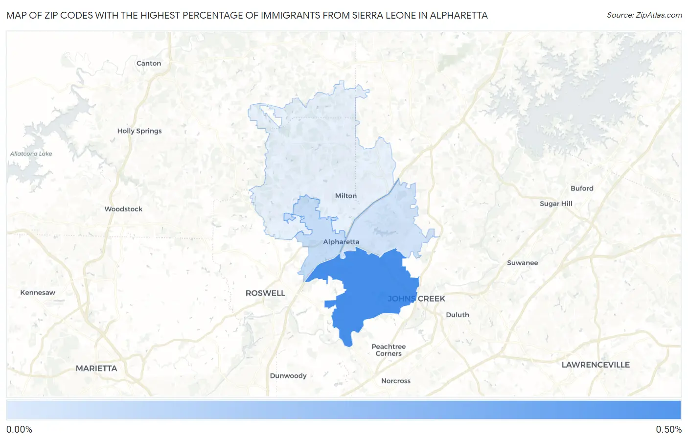 Zip Codes with the Highest Percentage of Immigrants from Sierra Leone in Alpharetta Map