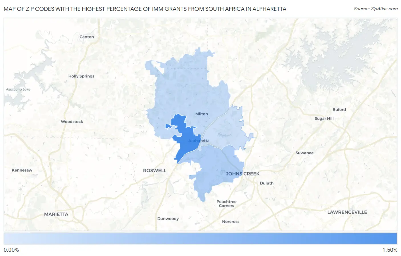 Zip Codes with the Highest Percentage of Immigrants from South Africa in Alpharetta Map