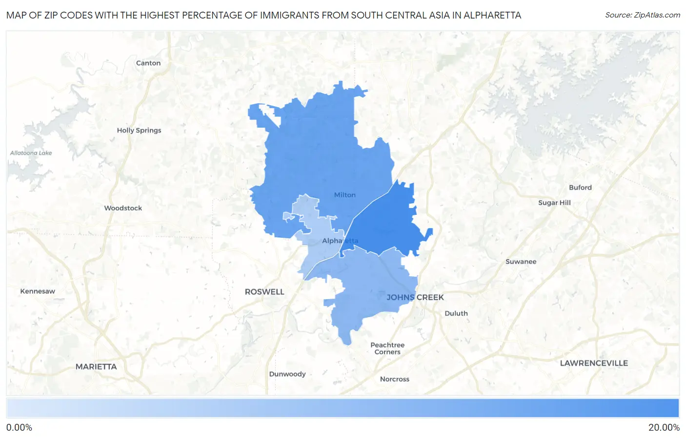 Zip Codes with the Highest Percentage of Immigrants from South Central Asia in Alpharetta Map