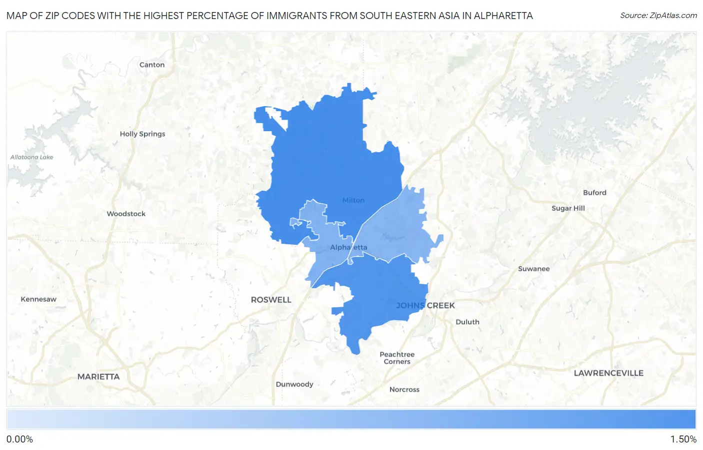 Zip Codes with the Highest Percentage of Immigrants from South Eastern Asia in Alpharetta Map