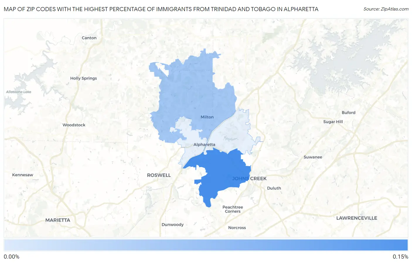 Zip Codes with the Highest Percentage of Immigrants from Trinidad and Tobago in Alpharetta Map