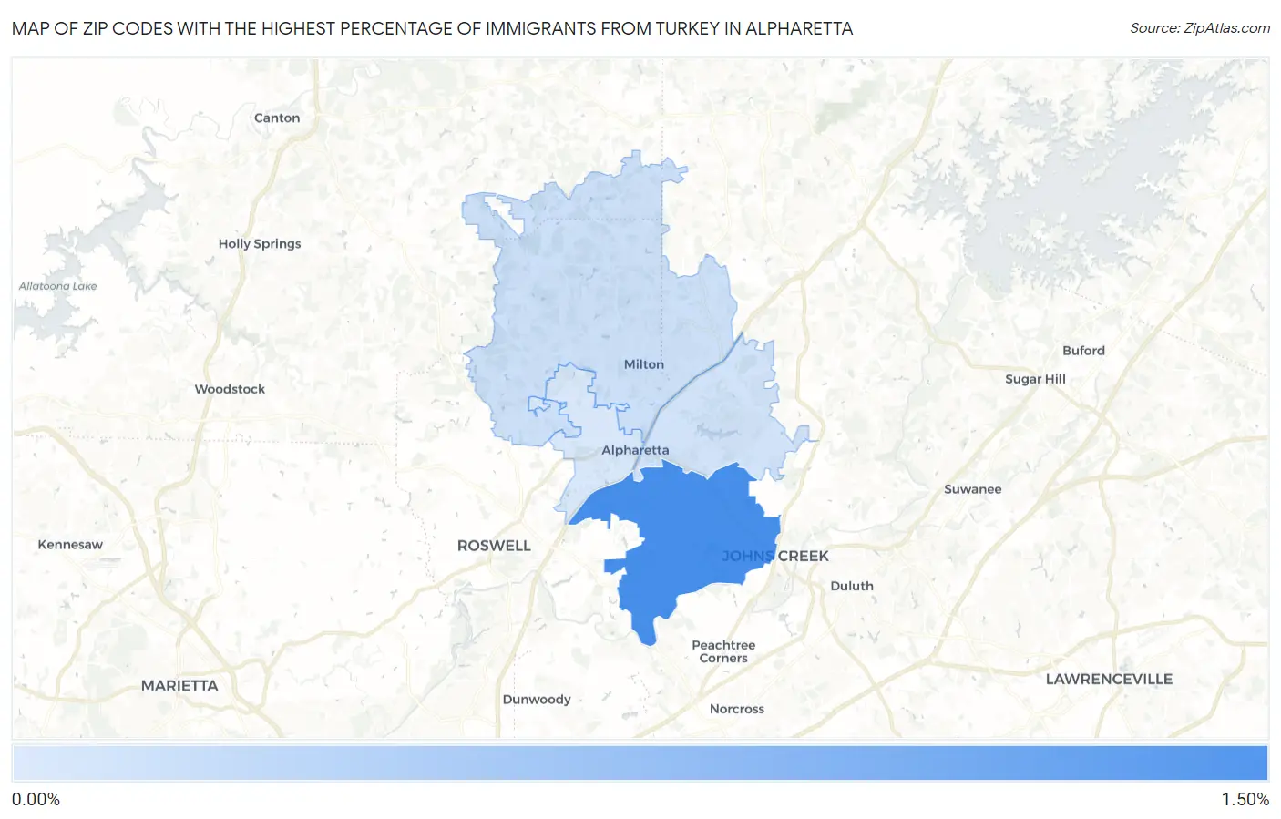 Zip Codes with the Highest Percentage of Immigrants from Turkey in Alpharetta Map