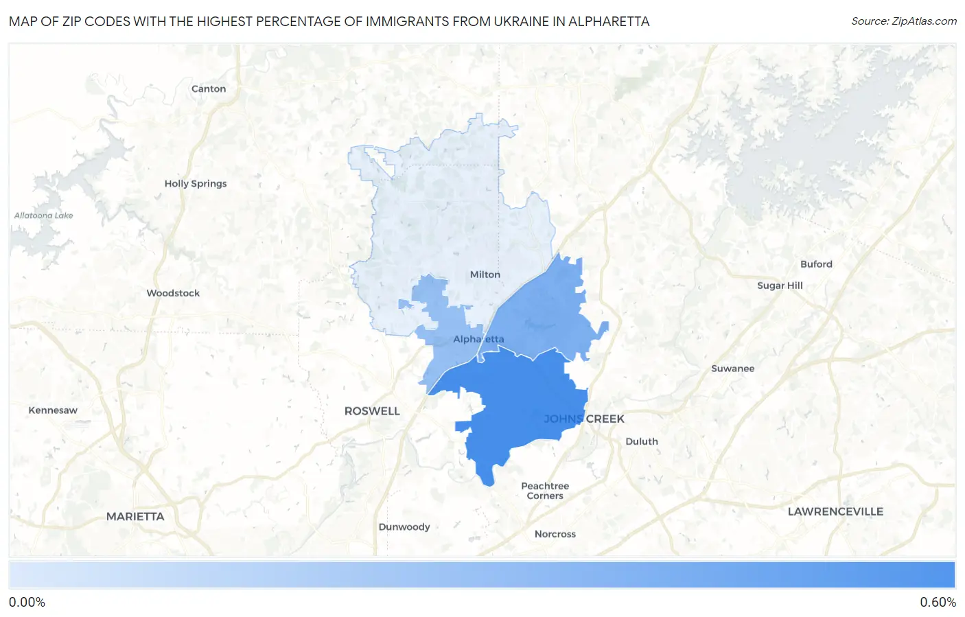 Zip Codes with the Highest Percentage of Immigrants from Ukraine in Alpharetta Map