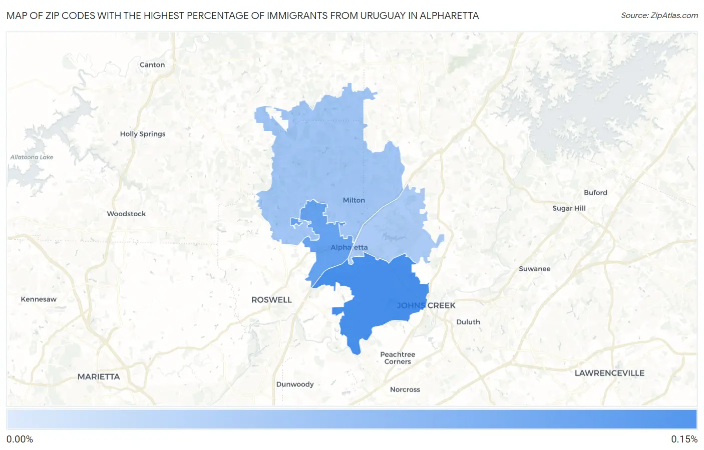 Zip Codes with the Highest Percentage of Immigrants from Uruguay in Alpharetta Map