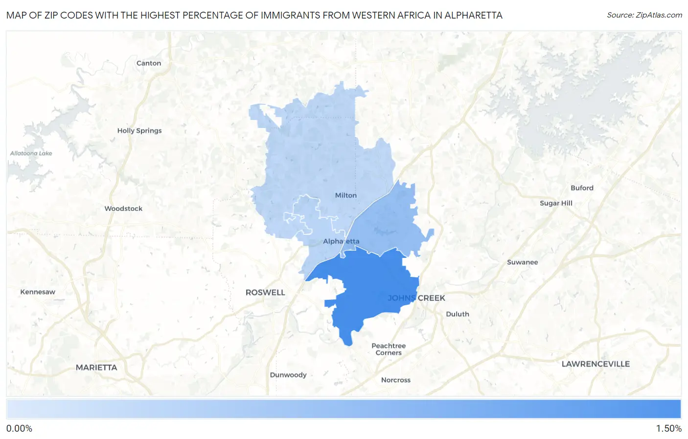 Zip Codes with the Highest Percentage of Immigrants from Western Africa in Alpharetta Map