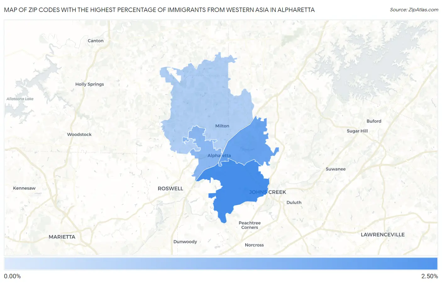 Zip Codes with the Highest Percentage of Immigrants from Western Asia in Alpharetta Map