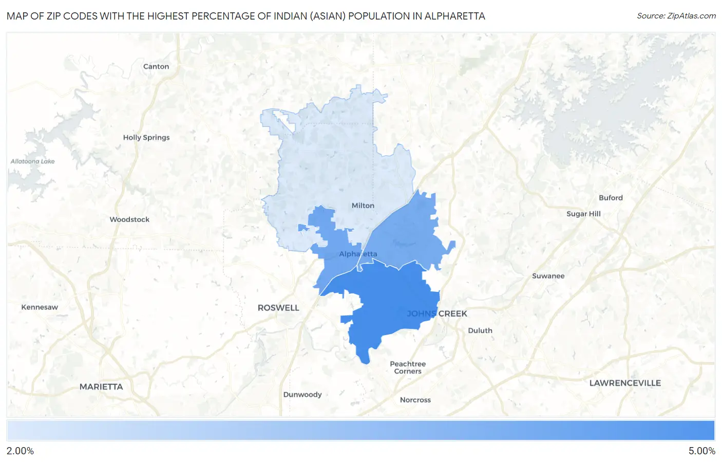 Zip Codes with the Highest Percentage of Indian (Asian) Population in Alpharetta Map