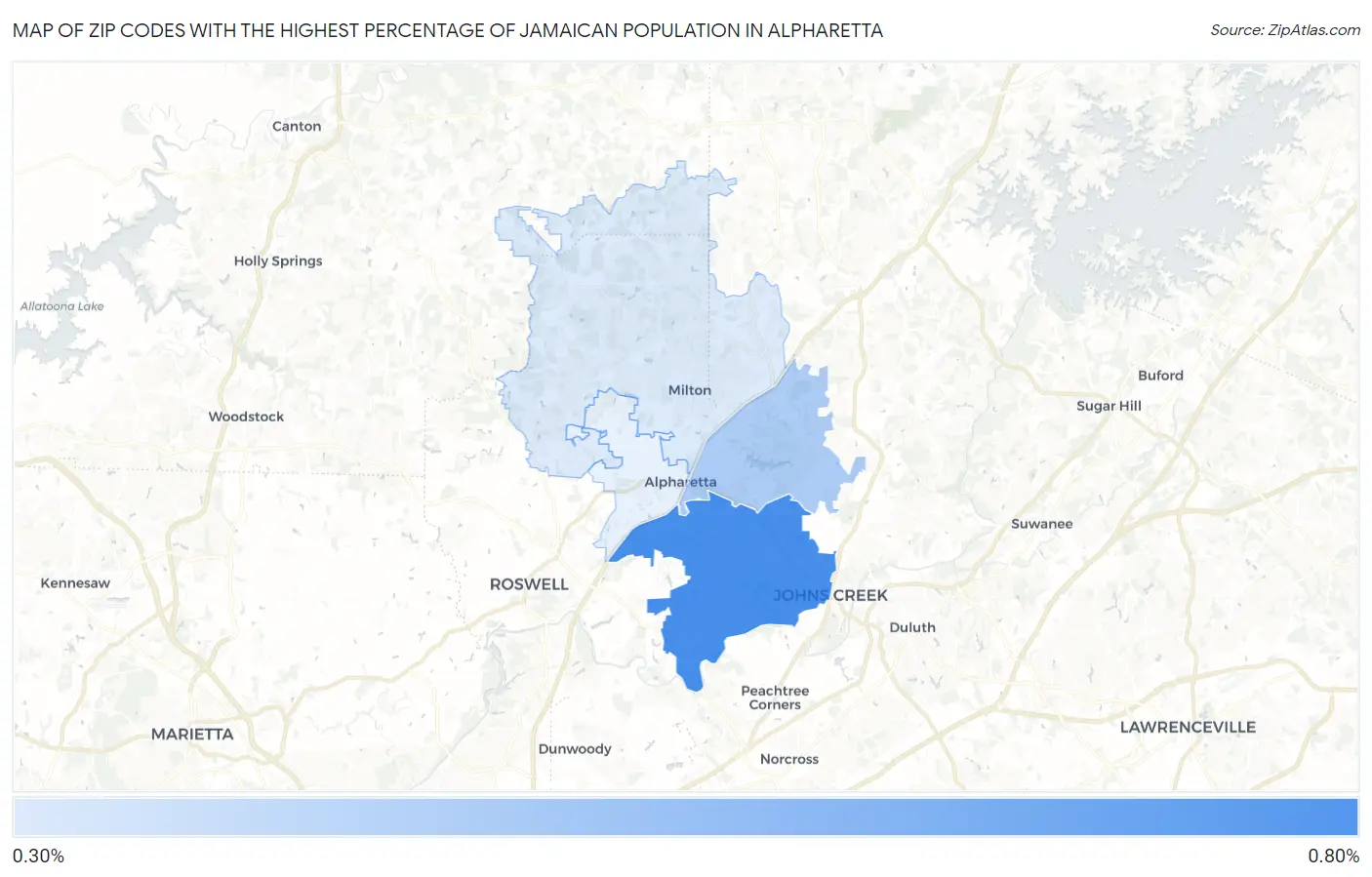 Zip Codes with the Highest Percentage of Jamaican Population in Alpharetta Map
