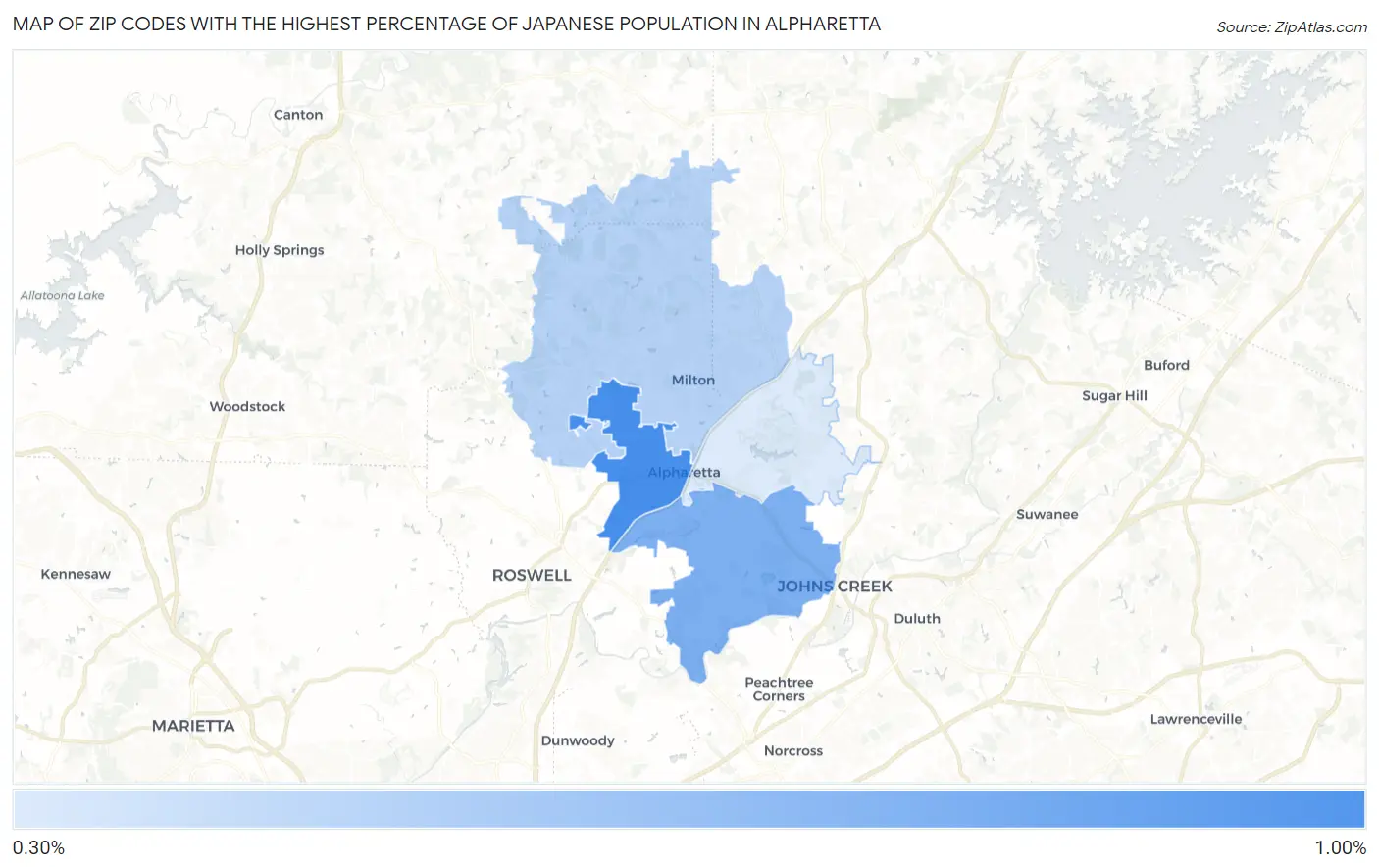 Zip Codes with the Highest Percentage of Japanese Population in Alpharetta Map