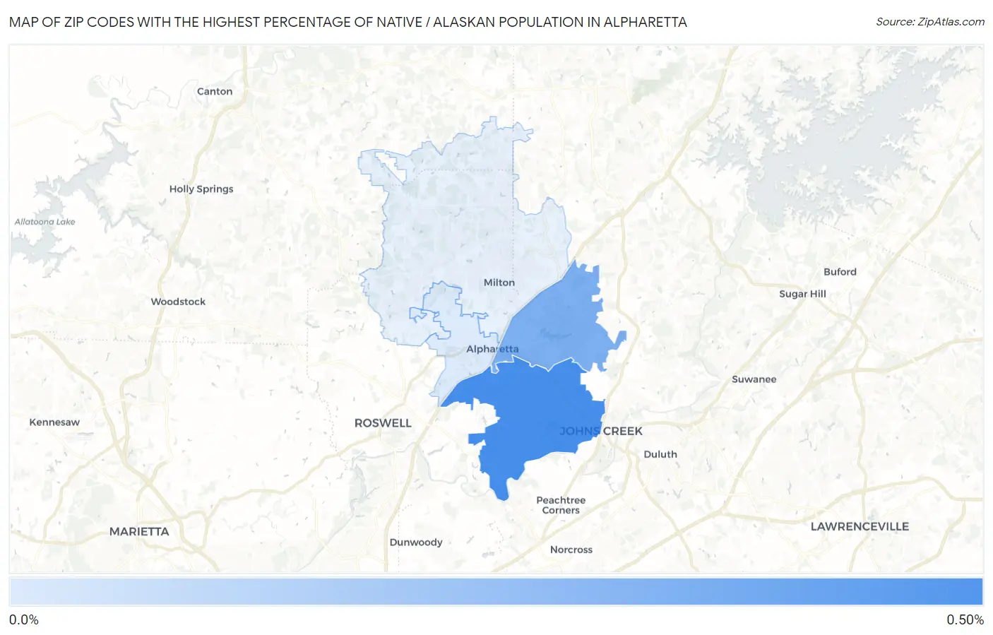 Zip Codes with the Highest Percentage of Native / Alaskan Population in Alpharetta Map