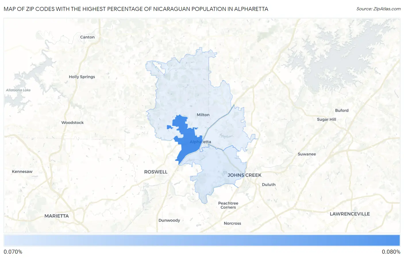 Zip Codes with the Highest Percentage of Nicaraguan Population in Alpharetta Map