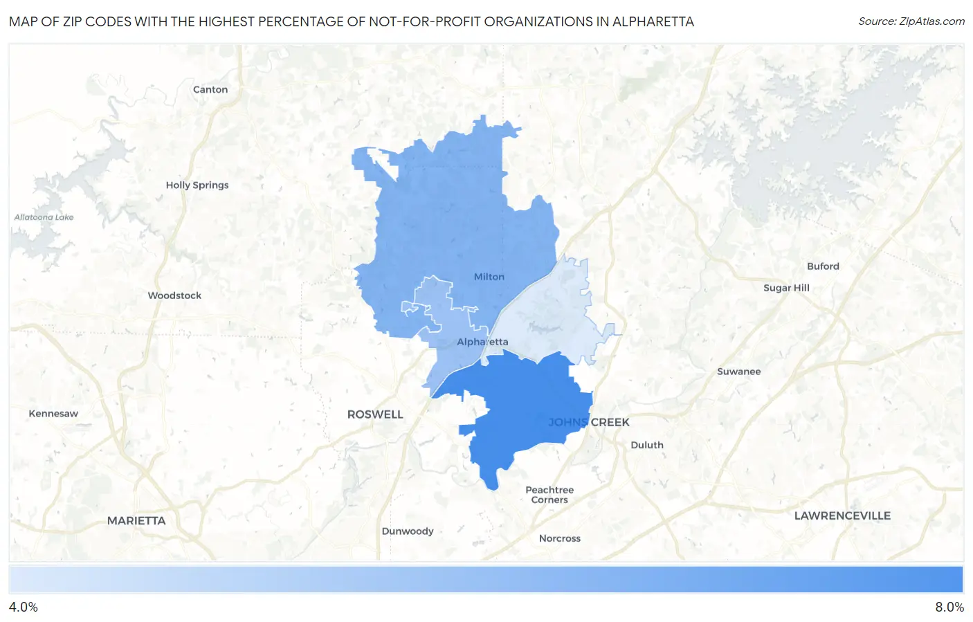 Zip Codes with the Highest Percentage of Not-for-profit Organizations in Alpharetta Map