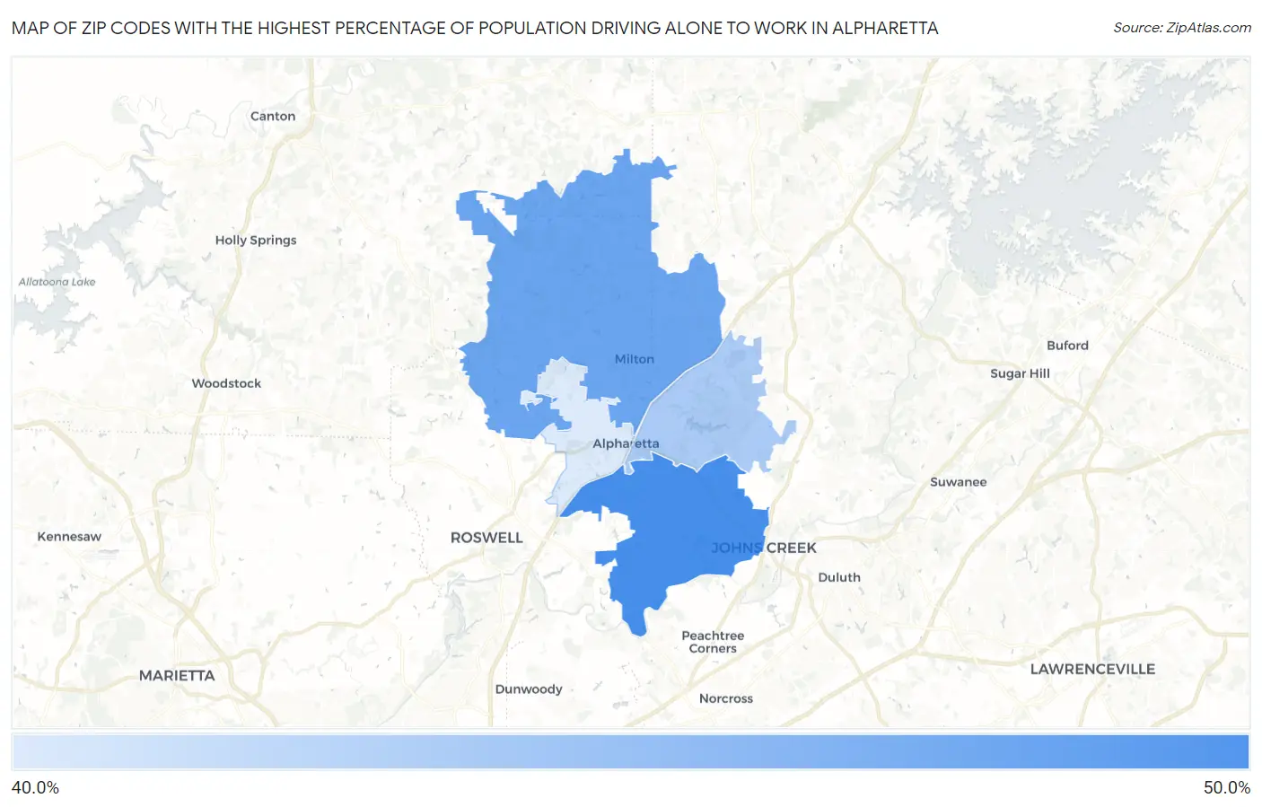 Zip Codes with the Highest Percentage of Population Driving Alone to Work in Alpharetta Map
