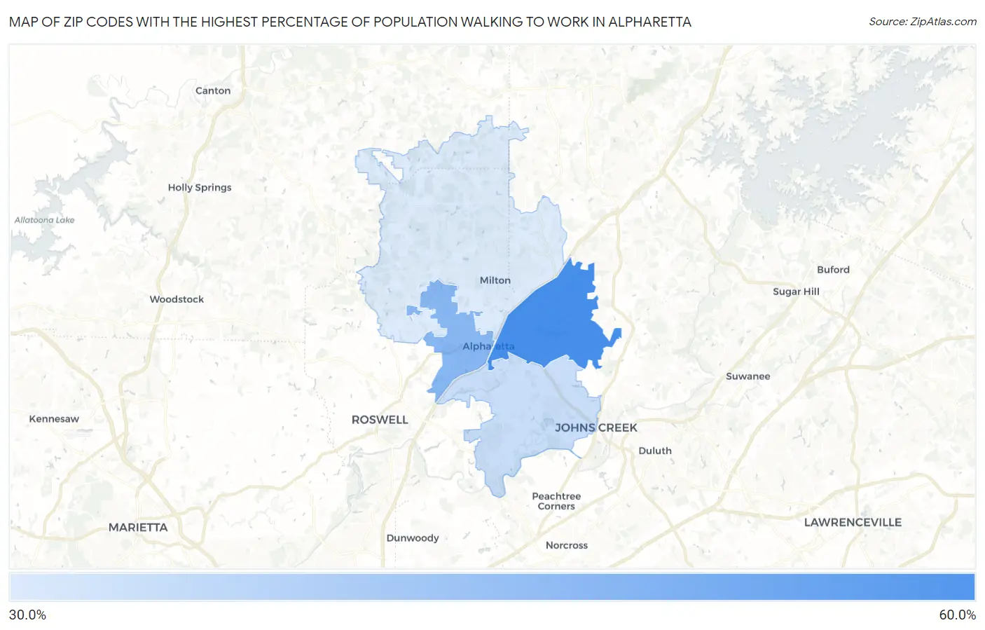 Zip Codes with the Highest Percentage of Population Walking to Work in Alpharetta Map