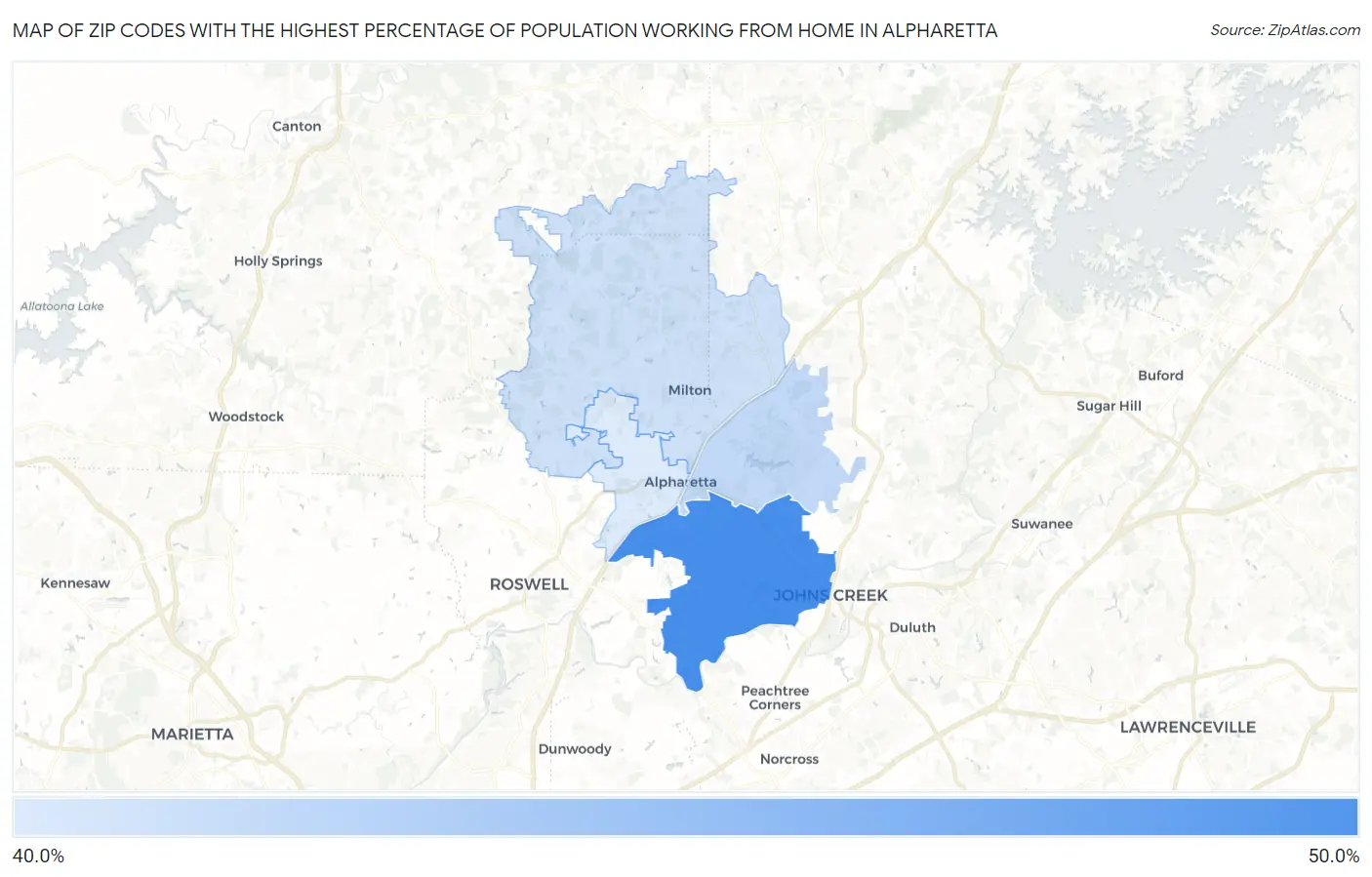 Zip Codes with the Highest Percentage of Population Working from Home in Alpharetta Map