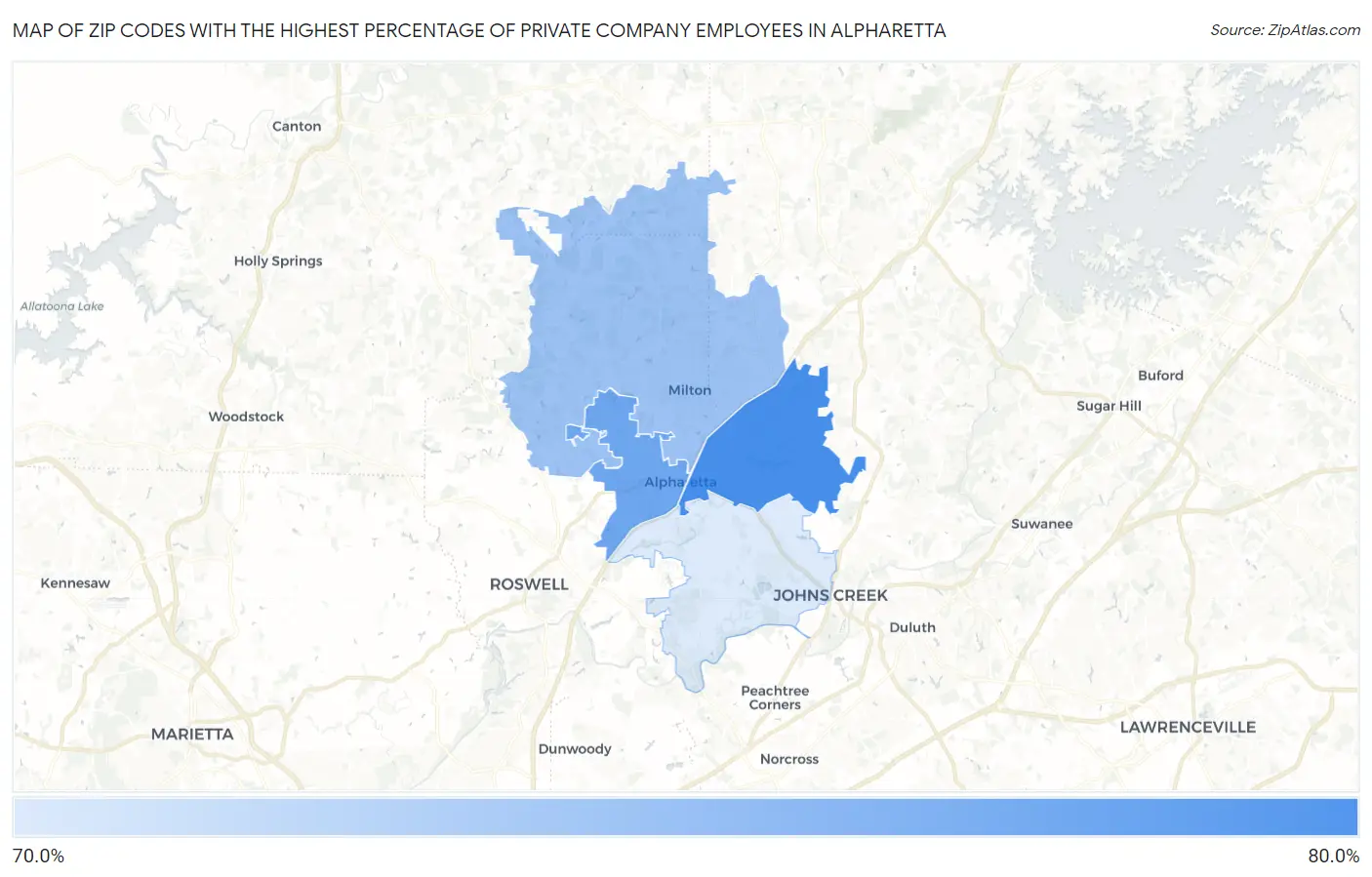 Zip Codes with the Highest Percentage of Private Company Employees in Alpharetta Map