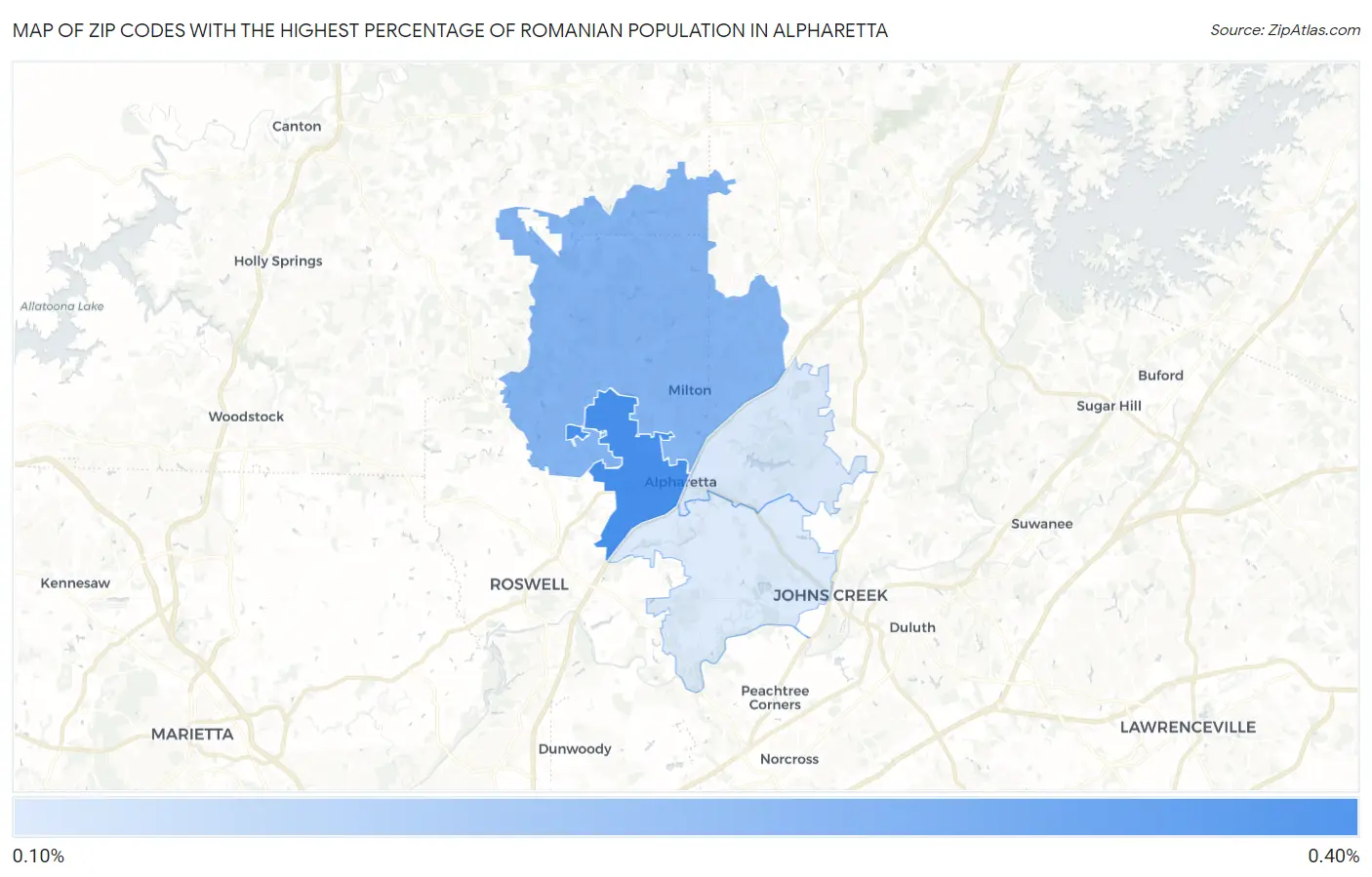 Zip Codes with the Highest Percentage of Romanian Population in Alpharetta Map