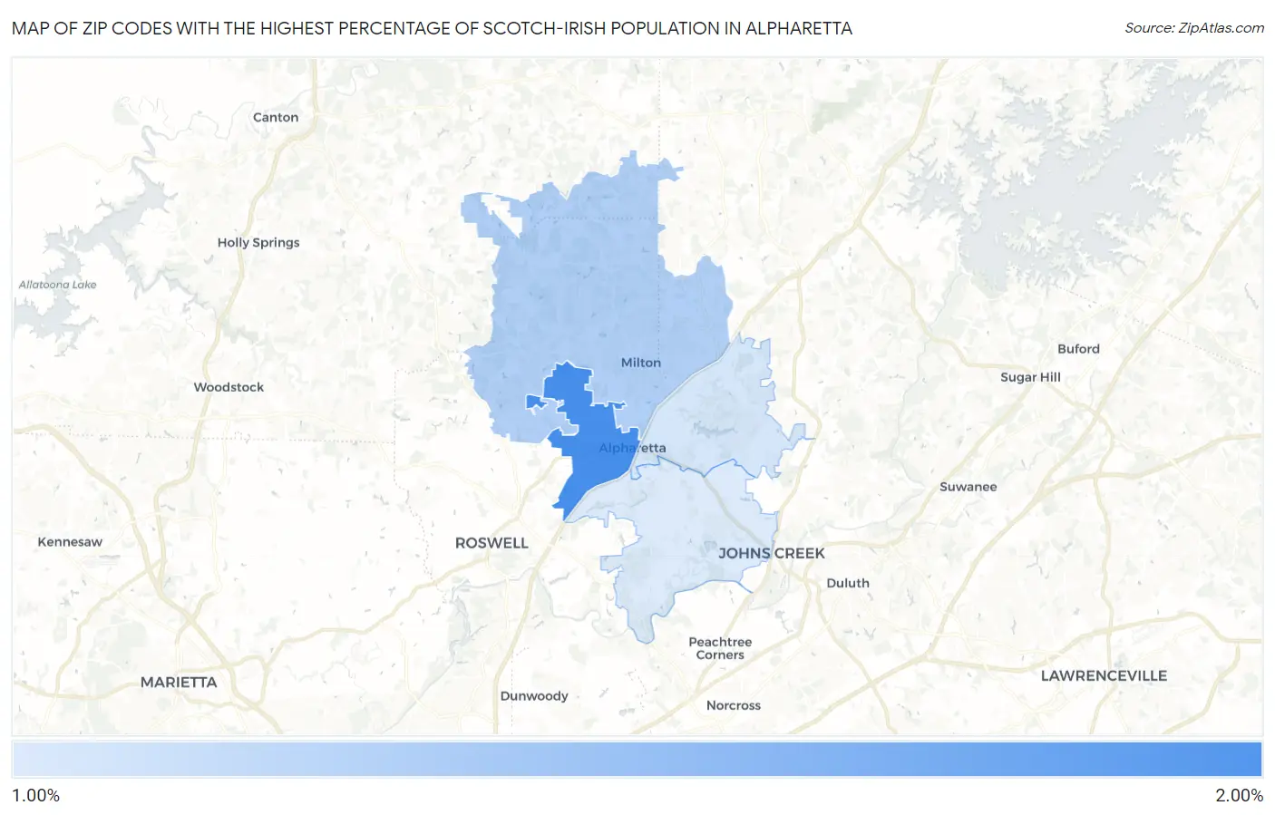 Zip Codes with the Highest Percentage of Scotch-Irish Population in Alpharetta Map