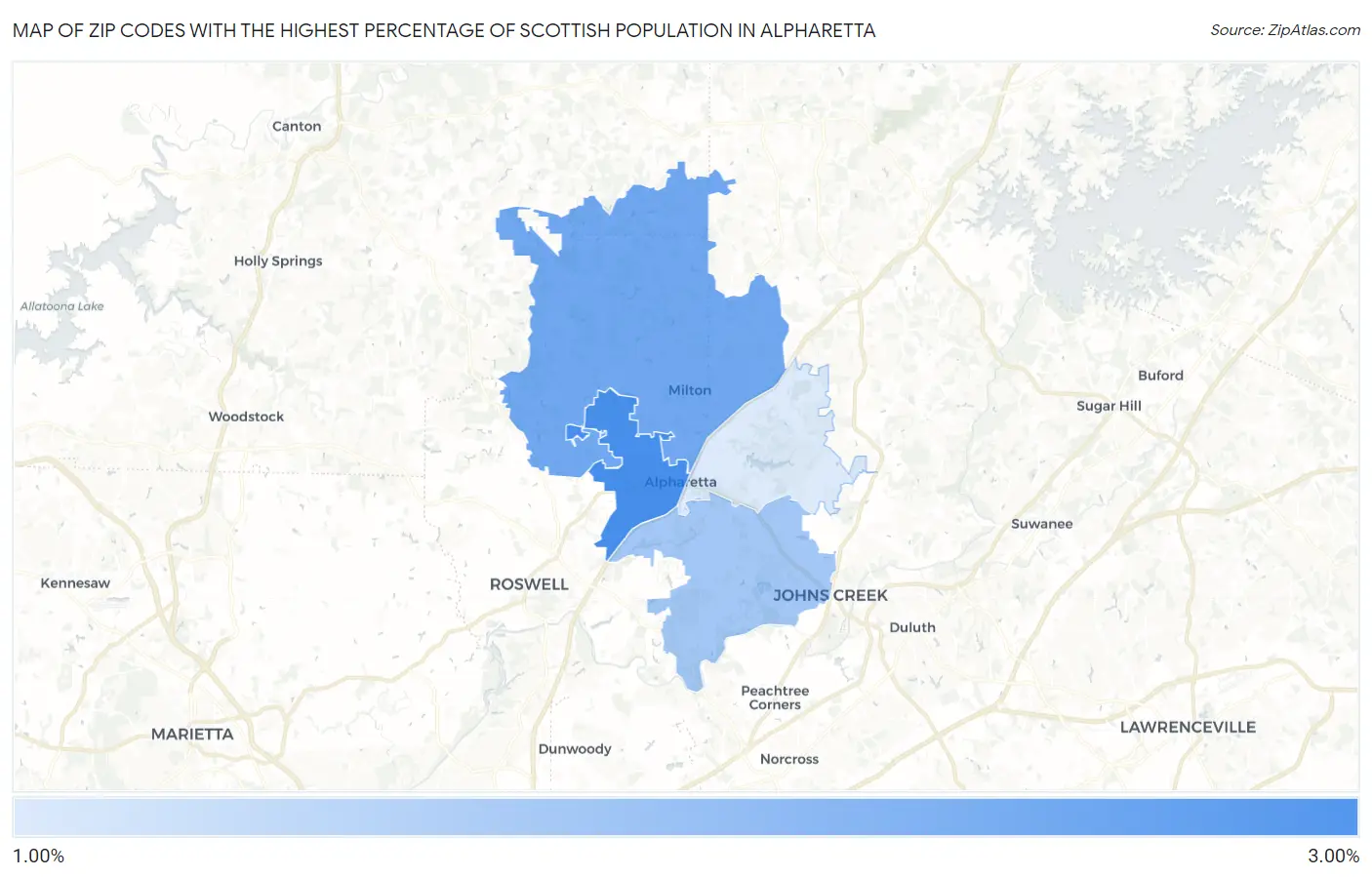 Zip Codes with the Highest Percentage of Scottish Population in Alpharetta Map