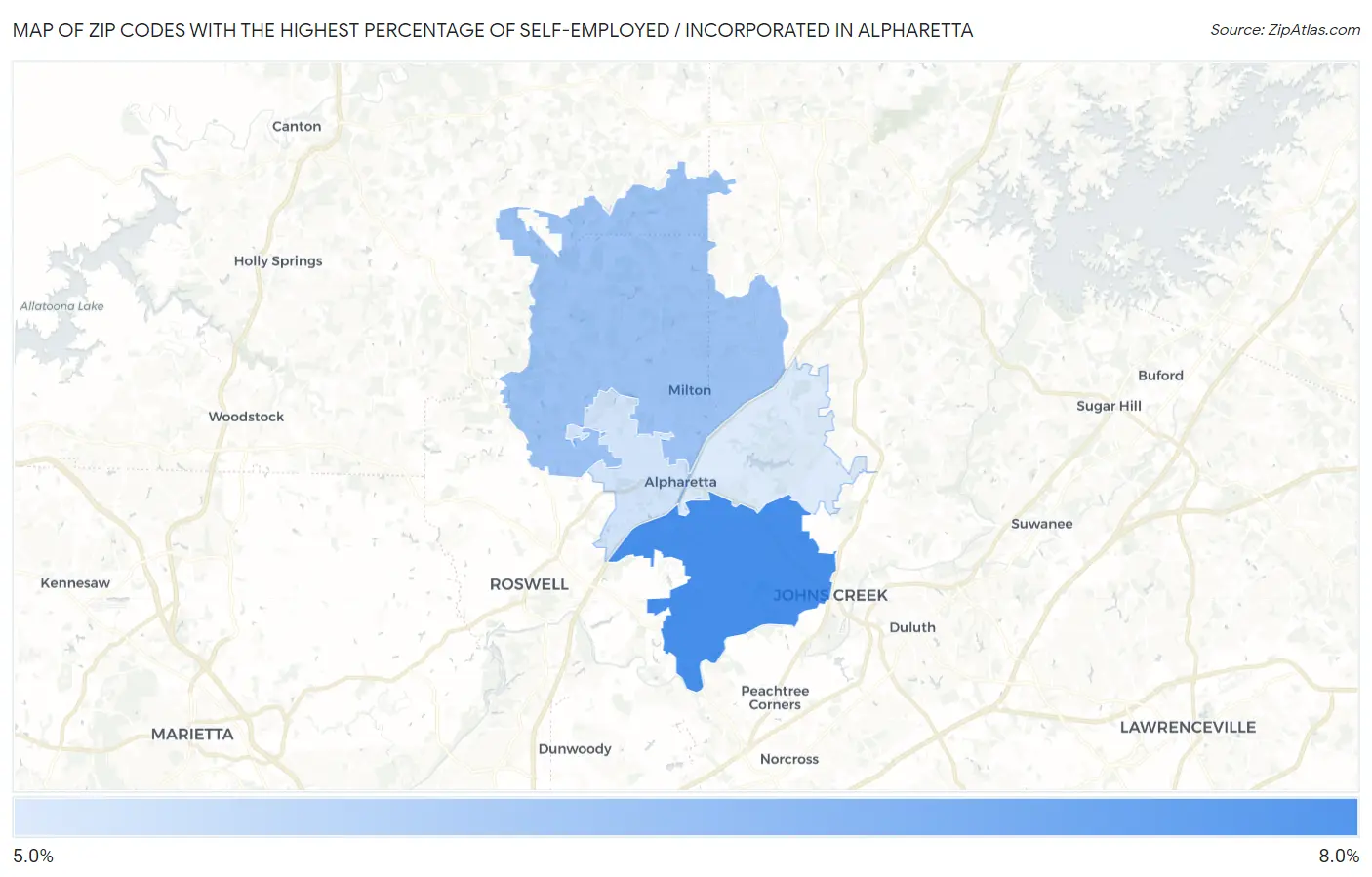 Zip Codes with the Highest Percentage of Self-Employed / Incorporated in Alpharetta Map