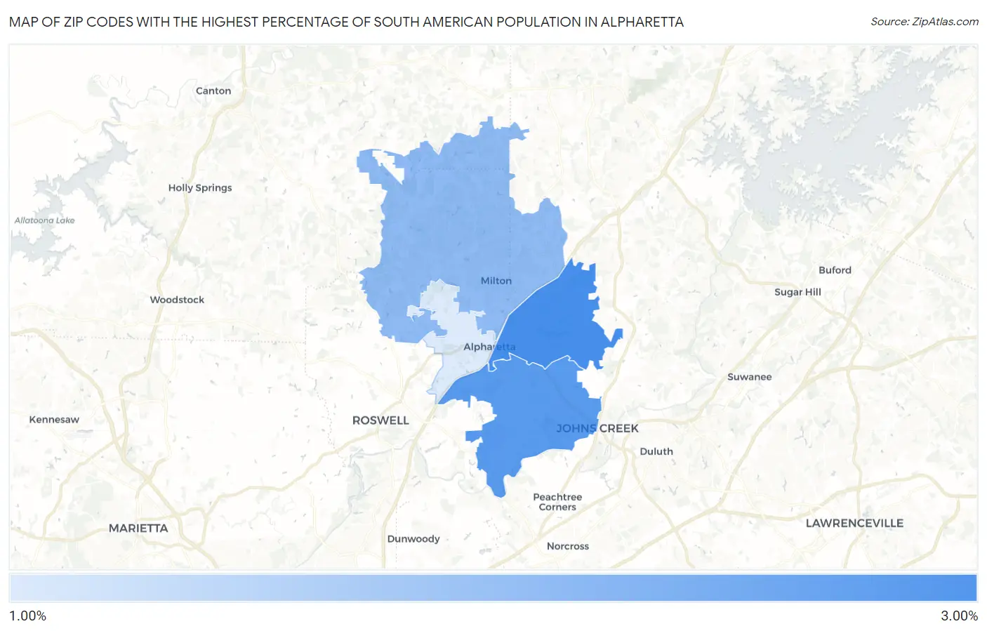 Zip Codes with the Highest Percentage of South American Population in Alpharetta Map
