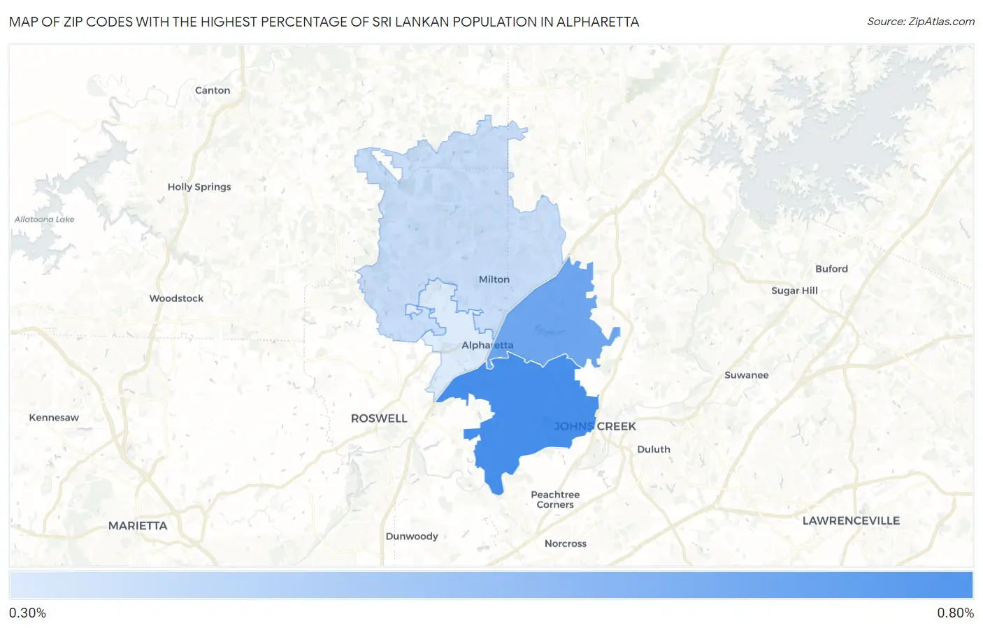 Zip Codes with the Highest Percentage of Sri Lankan Population in Alpharetta Map
