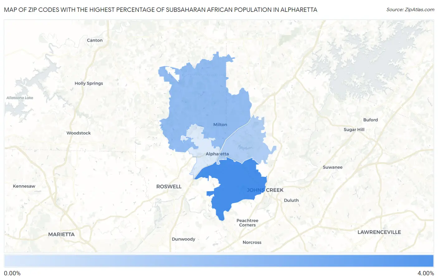 Zip Codes with the Highest Percentage of Subsaharan African Population in Alpharetta Map