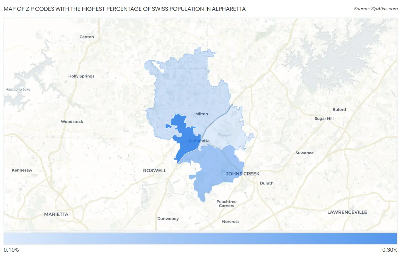 Zip Codes with the Highest Percentage of Swiss Population in Alpharetta Map