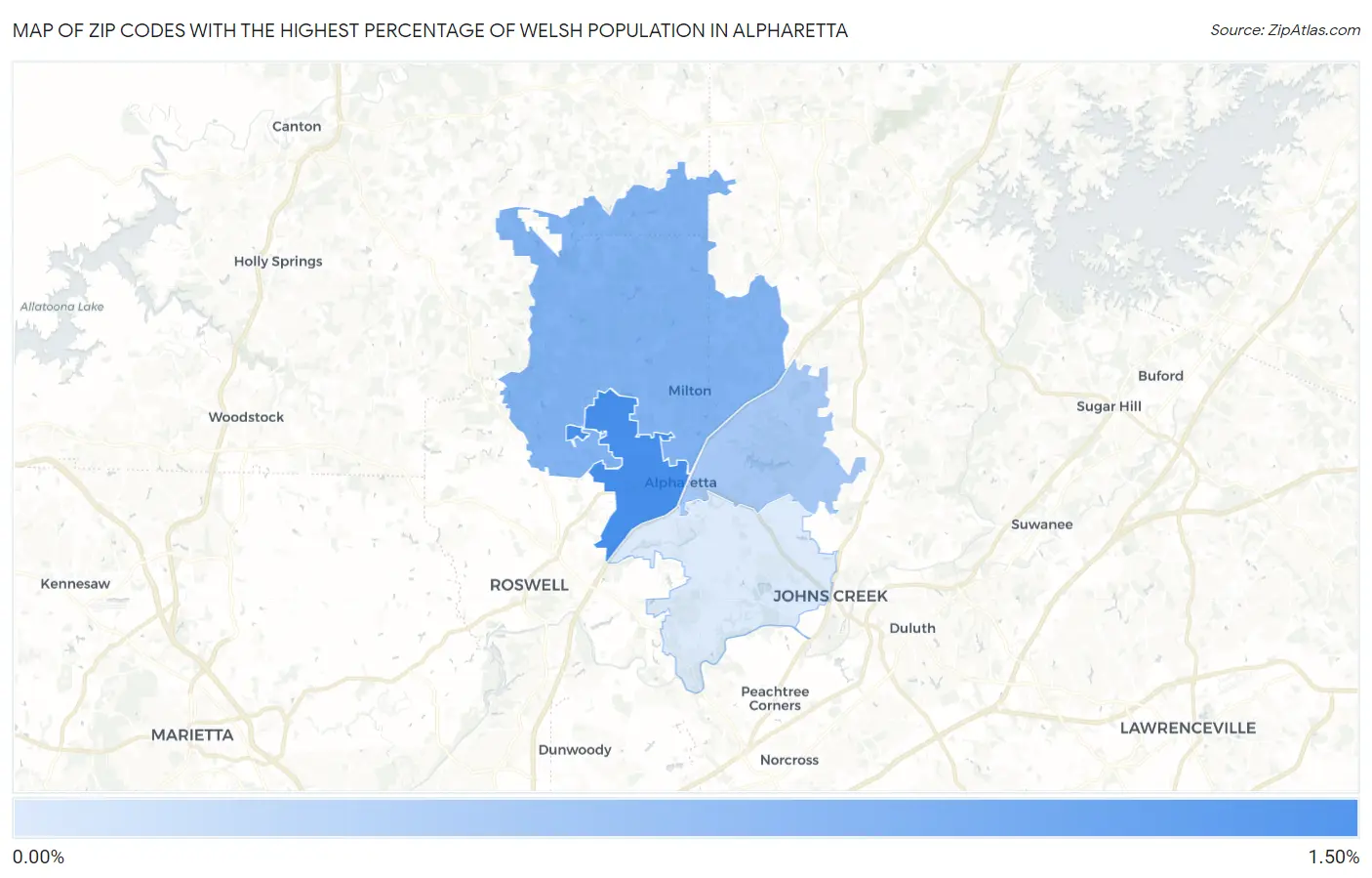 Zip Codes with the Highest Percentage of Welsh Population in Alpharetta Map