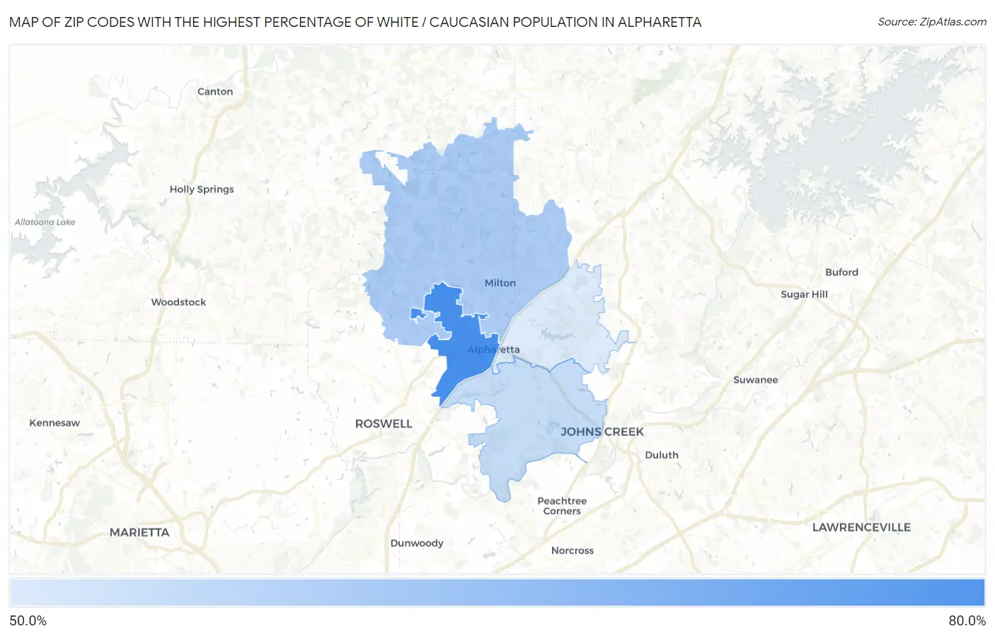 Zip Codes with the Highest Percentage of White / Caucasian Population in Alpharetta Map